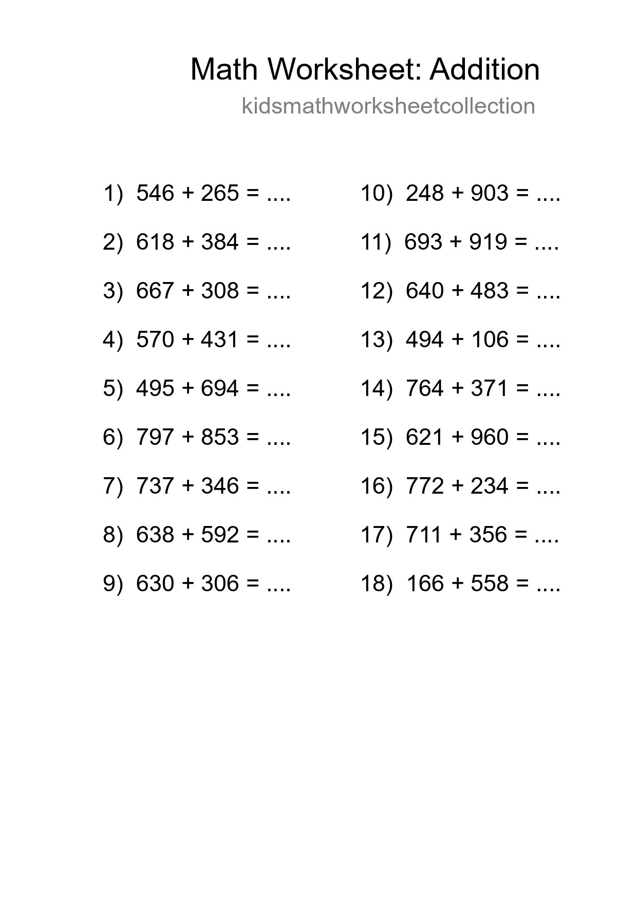 Printable Free 18 Addition Math Worksheet For Grade 5 - Part 100
