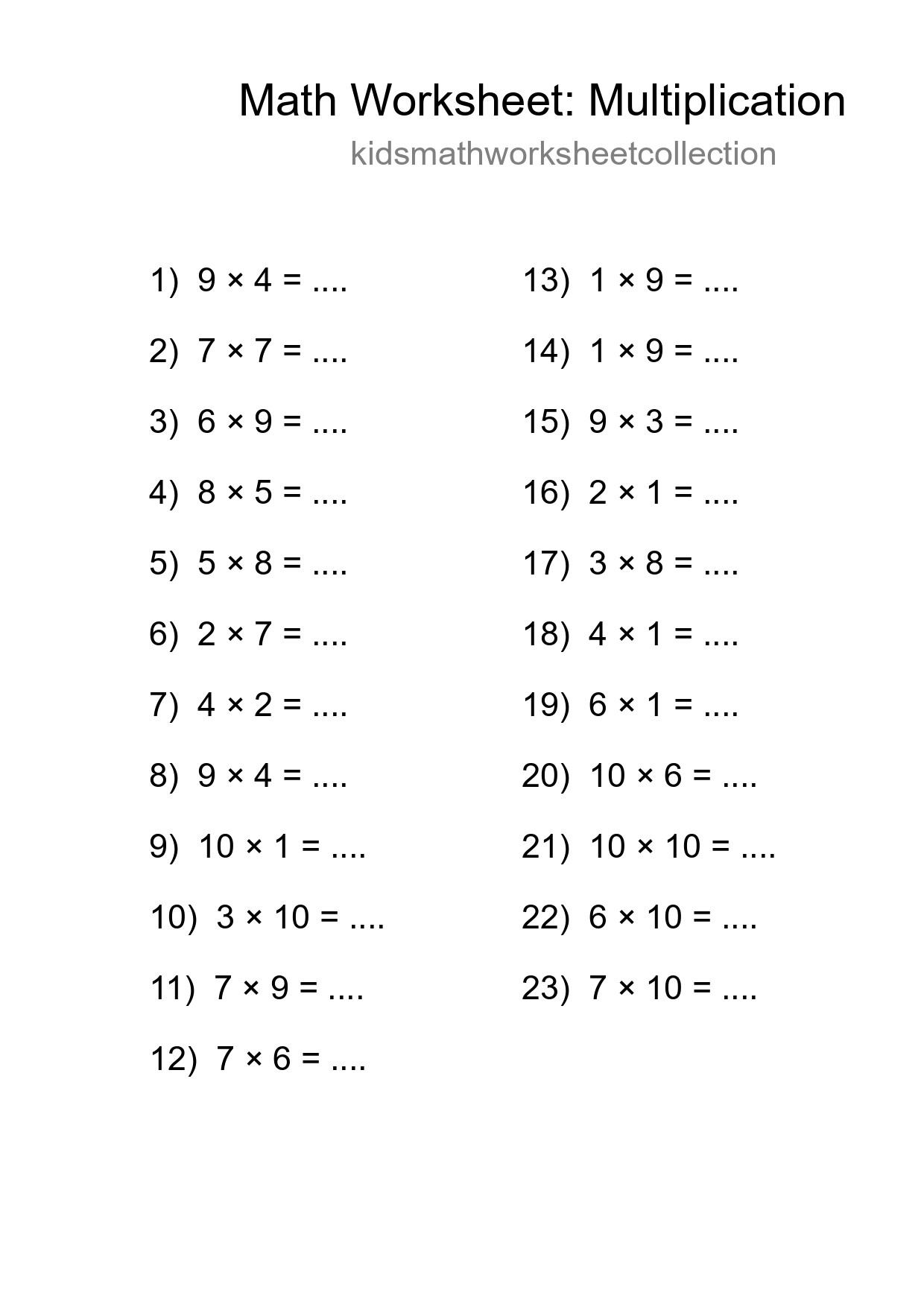 Printable Free 23 Multiplication Math Worksheet For Grade 1 - Part 260