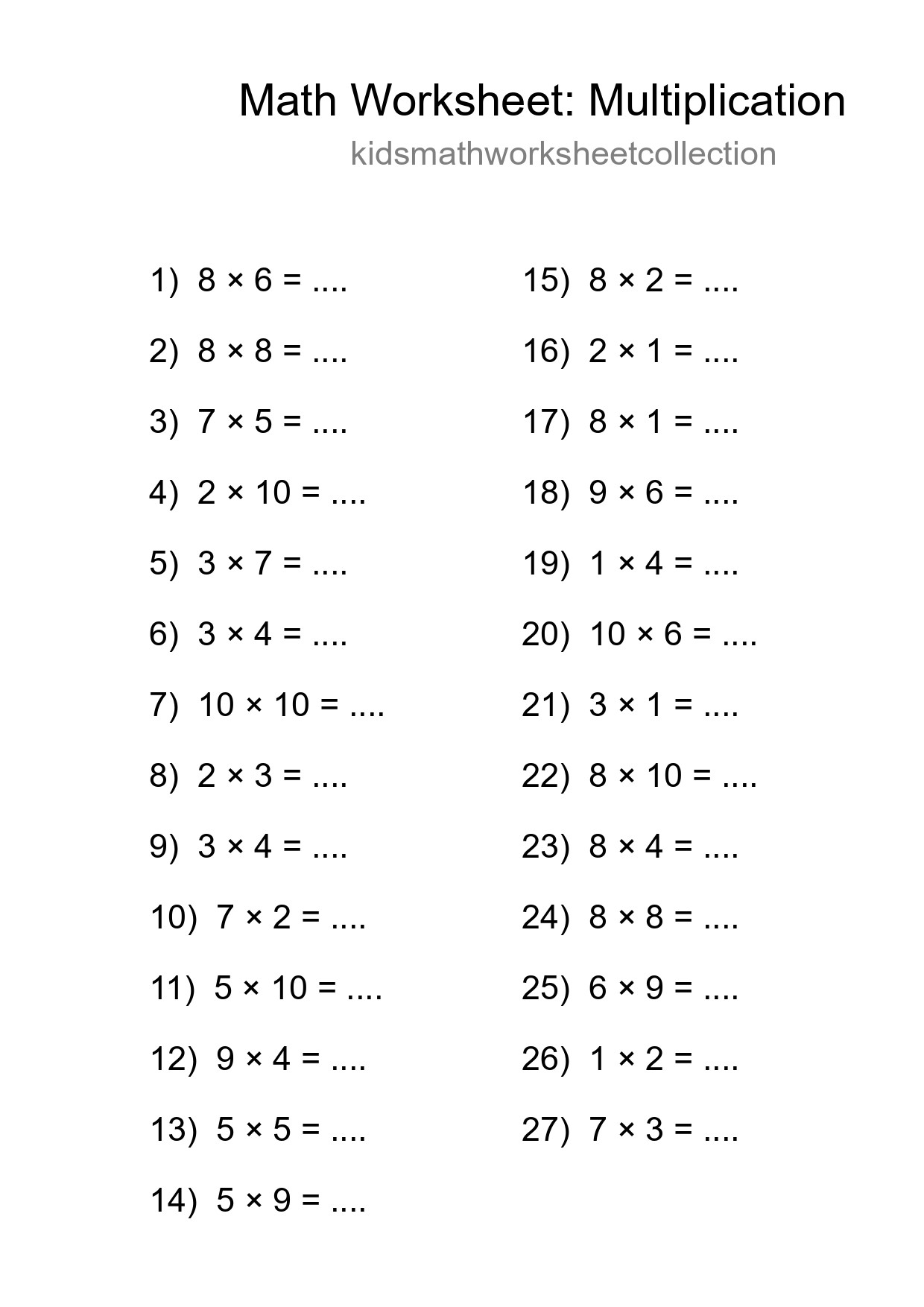 Printable Free 27 Multiplication Math Worksheet For Grade 1 - Part 183